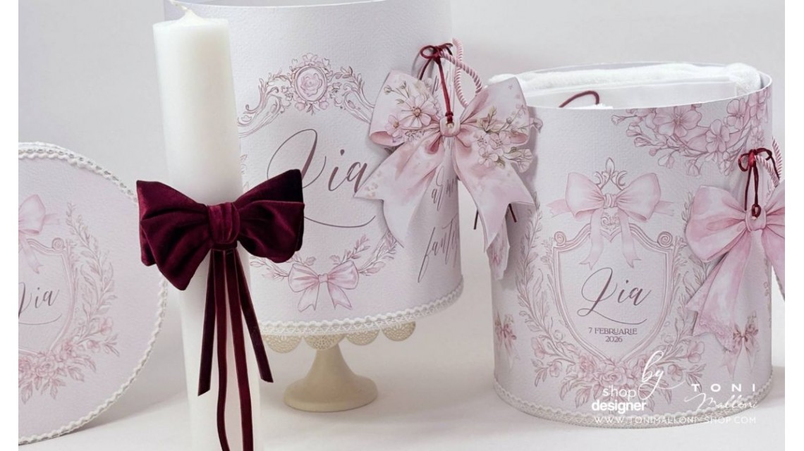 Trusou botez Pink Bows alb murdar, roz pudră și burgundy 18